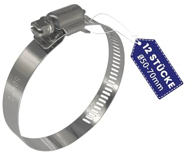 AZISHA Schlauchschellen 50-70mm 12 Stück - 304 Rostfrei Edelstahl Schlauchschelle - Einstellbare W4 Schraubschelle, Schlauchklemmen Fur Pool, Garten, Gas, Wasser, Waschmaschine, Und Kfz Schlauch