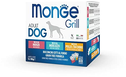 Monge Grill Adult Rich in Beef, ricco in codfish, cibo umido per cani (cibo per cani di manzo e merluzzo, gustosa ricetta, senza coloranti, senza cereali, 12 x 100 g)