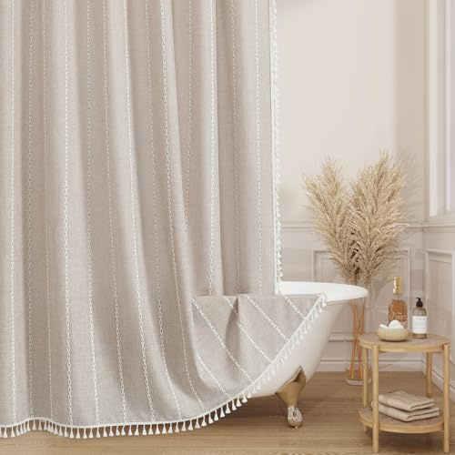 MitoVilla Rideau de douche en tissu épais lesté et imperméable, coton et lin, à pompons, style rustique, vintage et bohème - Pour décoration de salle de bain - Marron taupe, 183 x 183 cm