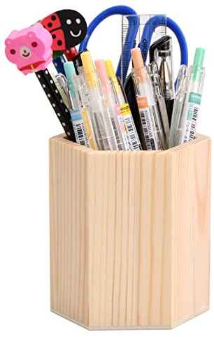 Pot à Crayons Hexagone En Bois, Porte Stylo de Bureau en Bois, Crayon Support Organiseur, Pen Holder Storage pour Rangement DIY Peinture Artisanat Pinceau de Maquillage École Bureau Maison (B)