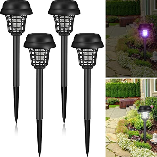 Lot de 4 tue-moustiques solaires étanches pour extérieur - Lampe anti-moustiques pour intérieur et extérieur - Lumière violette et blanche (noir rétro, plastique)