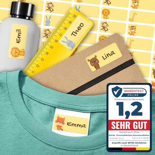 Namensaufkleber für Kinder (108 Stk. 30x13 mm) - Wasserfeste Namensschilder für Kleidung, Textilien und Gegenstände - Optimal für Kita, Kindergarten und Schule - Schöne Motive personalisierbar