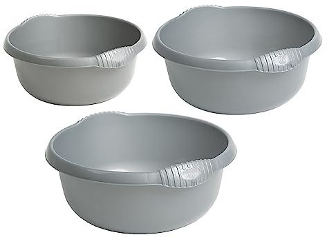 M1SS Silver - 3 Piece Multi-Functional Round Plastic Bowl Set Washing Up Bowls with Integral Handles for Sink Basin Kitchen Counter Top (28cm, 32cm & 36cm Bowls)