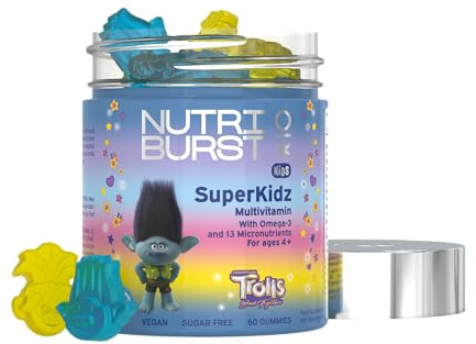 Nutriburst TROLLS SuperKidz - Chewable Multivitamin for Health, Growth & Development - 13 Essential Nutrients: Vitamin A, B12 C, D3, E, Iron, Omega-3 - Vegan + Sugar Free - Orange Flavour - 60 Gummies