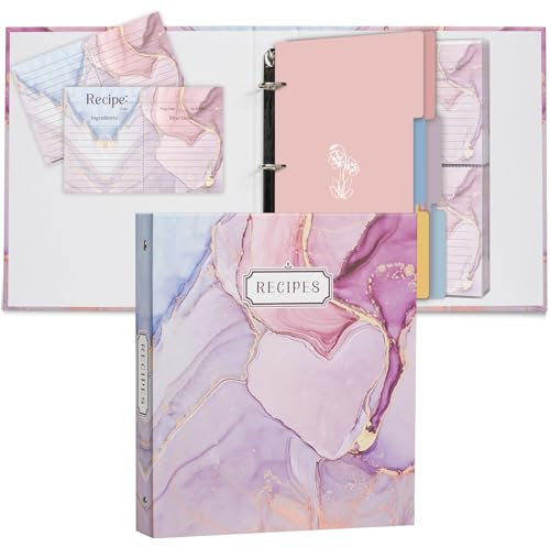 Hi why 3 Ring Binder 8.5x9.5, Full Page Organizer Set with 25 Slots & 50 Recipe Cards & 6 Dividers, Recipe Book for Slim Kitchen Design Pink