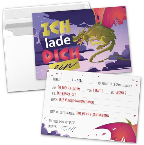 8 PERSONALISIERTE Einladungskarten Kindergeburtstag mit Umschlägen, Fliegender Drache, Karte Geburtstag Einladung selbst gestalten mit Text