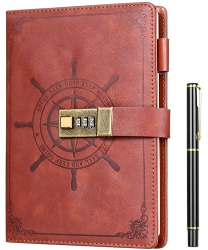 Kesote Diario con contraseña Cuaderno de Tapa Dura con cerradura de combinación Diario secreto A5 con Bolígrafo Registro de Trabajo Agenda 212 Páginas (Marrón)