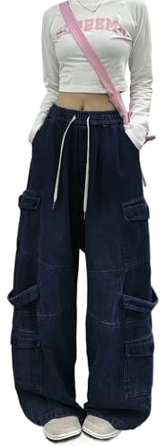 Skateboard Frog Baggy jeans dam denim cargo breda joggingbyxor herr Y2K fallskärmsbyxor med fickor, Mörkblå, M