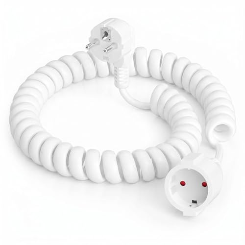Schuko Verlängerungskabel, 2M Schutzkontakt-Spiralverlängerung, von 0,6 m bis 2 m Max, Spiralkabel 3G x 1,0 mm², IP20 PVC Verlängerungskabel, (230V/16 A) mit Schuko Stecker & Kupplung, Weiß