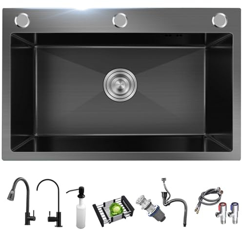 Lavelli da Cucina in Acciaio Inox Nero, lavello da Bar con Confezione da 2 rubinetti e Dispenser di Sapone, per Cucina, Bar, Sala da Pranzo, Esterno, Tutti Gli Accessori Inclusi (N