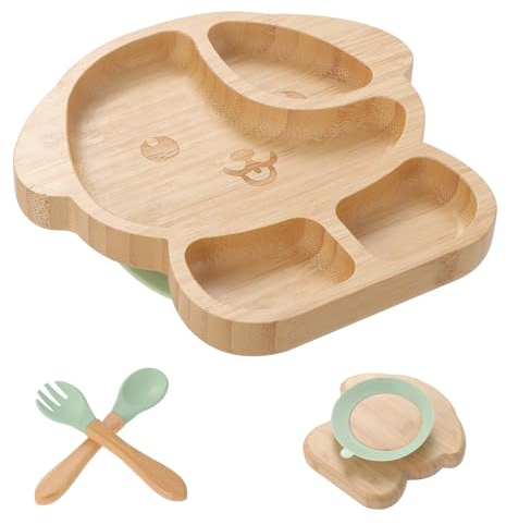 KEESIN Set di 4 piatti per bambini set pappa svezzamento piatto svezzamento bamboo adatti per l'alimentazione dei bambini a partire dai 3 mesi (Cuccioli)