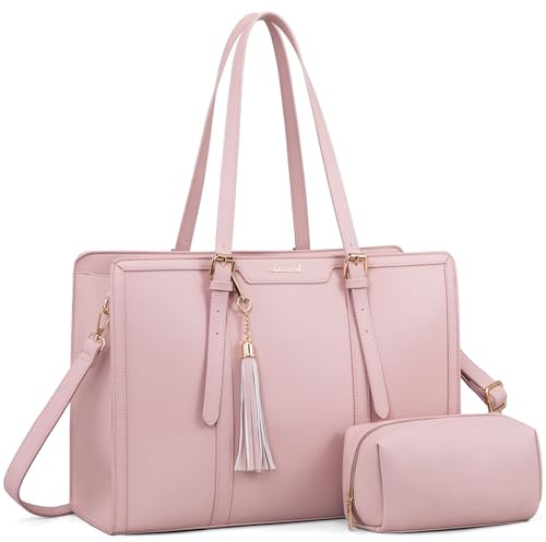 LOVEVOOK Laptop Bag for Women - 15.6 inch Lightweight PU Laptop Tote, Large Capacity Computer Bag with Clutch Purse for Business, Work, Office, Travel, Pink