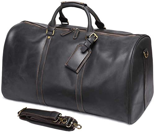 QTANZIQI Übergroße Reise-Reisetasche aus Leder, Echtleder-Reise-Wochenende-Übernachtungs-Reisetasche für Fitnessstudio, Sport, Gepäcktaschen für Herren, Schwarz
