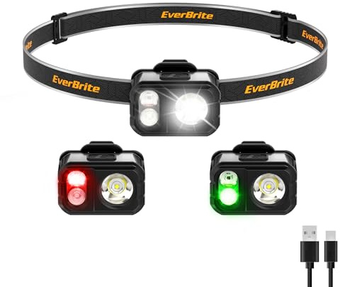 EverBrite Stirnlampe LED Wiederaufladbar, 45g Ultra Leicht IP67 Wasserdicht Kopflampe mit 7 Lichtmodi und Clip, Rotlicht & Grünlicht Mini Stirnlampe aufladbar für Joggen, Wandern, Camping, Grau