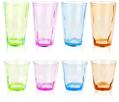 OT-NVWOZR 8 Stück Bunt Plastik Wassergläser Gläser set, Unzerbrechliche Acryl Trinkgläser 200ml & 470ml, Stapelbare Trinkbecher Kindergläser Kunststoff für Camping Spülmaschinenfest