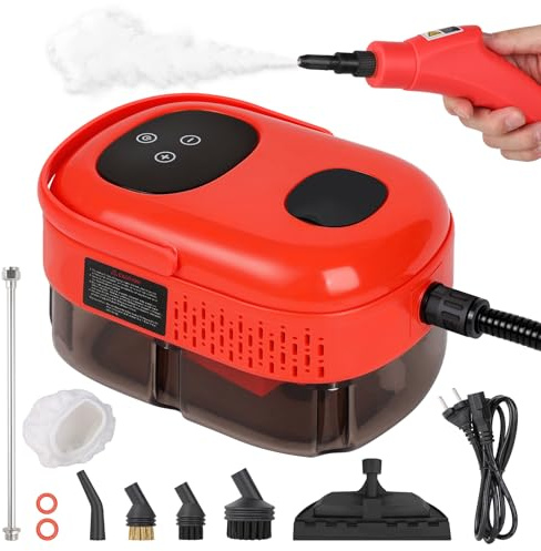 Tragbarer Dampfreiniger, Hochdruck Dampfreiniger Handgerät 1100 ml, Rot | 2500W 3.0 Bar Druckdampfreiniger mit 3 Düsen,6 Einstellbare Geschwindigkeiten von Polstermöbel, Küche, Badezimmer, Auto