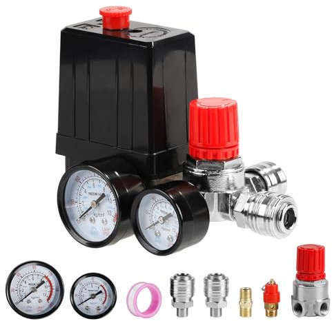 SWAWIS Druckschalter Kompressor 220V Druckregler für Luftkompressor mit Manometer Sicherheitsventil Kupplungen, 90-120PSI Kompressor Ersatzteile