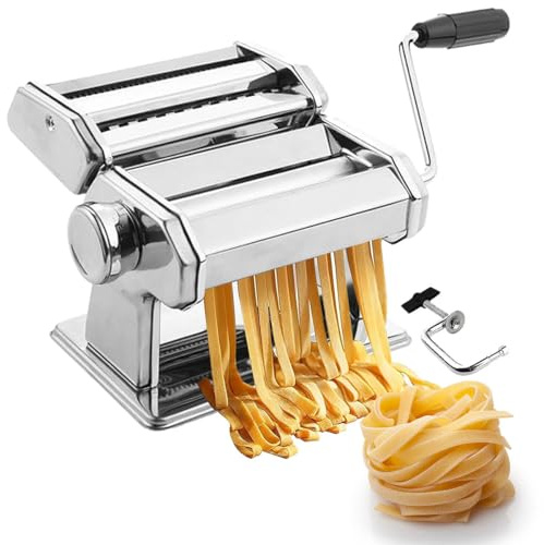 Pastamaskin rostfritt stål 2-i-1 | degrulle och skärkniv | 9 tjocklekar | lasagne, spaghetti, ravioli | halkfri bas, bordsklämma och tillbehör