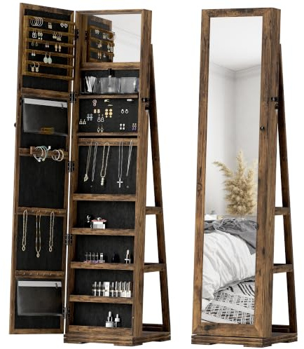 HOMCOM 360° Swivel Jewellery Cabinet Free Standing Mirror Rustic Brown | Lockable Jewellery Organiser, Built-in Makeup Full Length Mirror, Storage Shelves, Free Standing, for Bedroom