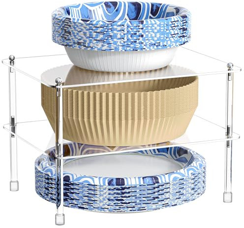 TOWARDFUN Acrylic Paper Plate and Bowl Dispenser, Space-Saving Disposable Plastic, Foam, Paper Plates & Bowls Organizer and Air Fryer Liners Storage Holder for Cabinet, Countertop, Shelf (Clear)