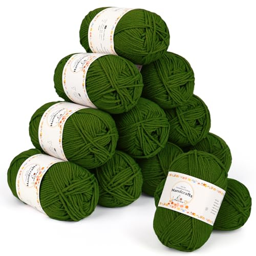 Aeelike 600 g (12 x 50 g) polyakryl ull bomull, 5 lager bomull för virkning, hållbar virkad ull för stickning, färgglatt virkgarn ull, garn, fruktgrön