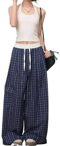Skateboard Frog Pantalon à Carreaux Femme Y2K Baggy Large Motif Color-Block | Pantalon décontracté femme à carreaux bleu taille élastique à cordon vintage américain streetwear avec contraste de couleurs
