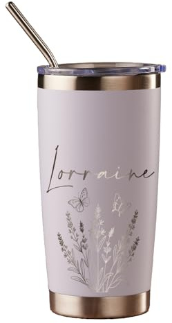 ukgiftstoreonline Personalised Engraved Thermal Travel Mug Any Name and Wildflower Gift with Metal Straw