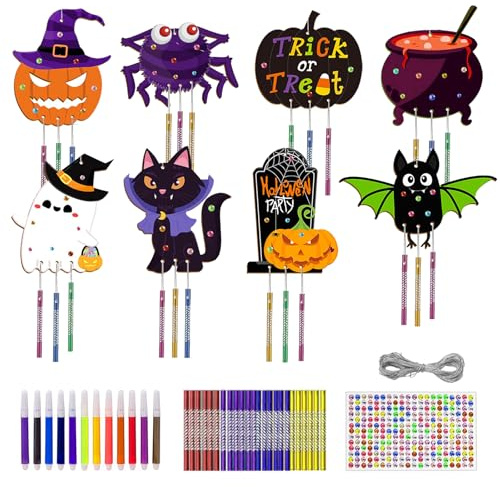 Halloween Holz Windspiel Bausatz Kinder (8 Stück) - DIY Grusel-Mobilé mit Klangspielen & Bemalung, Bastelgeschenk für Garten/Kinderzimmer, Mädchen/Jungen Halloween Party