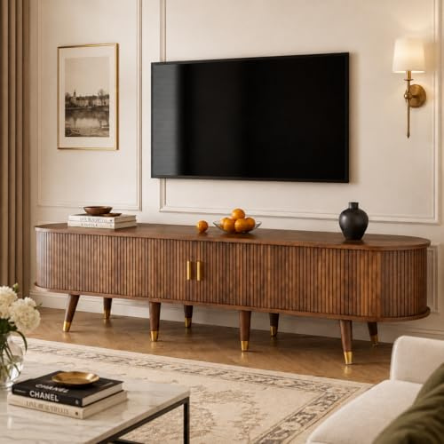 OLIVIBED TV-stativ med rottingsidor, lågbord med 2 dörrar och lådor, TV-skåp för under 75-tums TV, TV-skåp för vardagsrum matsal, träfärg, 175 x 38 x 45 cm