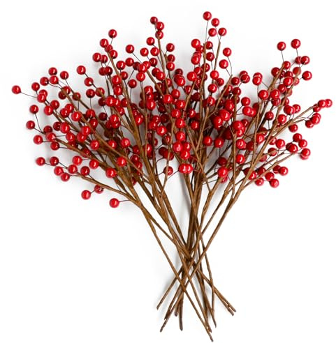 Lot de 12 tiges de baies de houx rouges de 35 cm pour sapin de Noël, pics et pulvérisations de verdure artificielle comme décorations de vacances, branches de remplissage de guirlande de baies pour