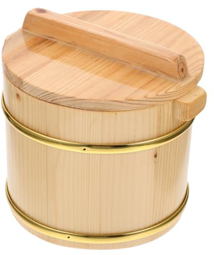 BAZEITFLOW Cubo para Arroz de Sushi de Madera Tapa, Redondo Khaki | 1 Juego, Barril para Mezclar Arroz Cocido, Contenedor para Sashimi, Decoración de Escritorio