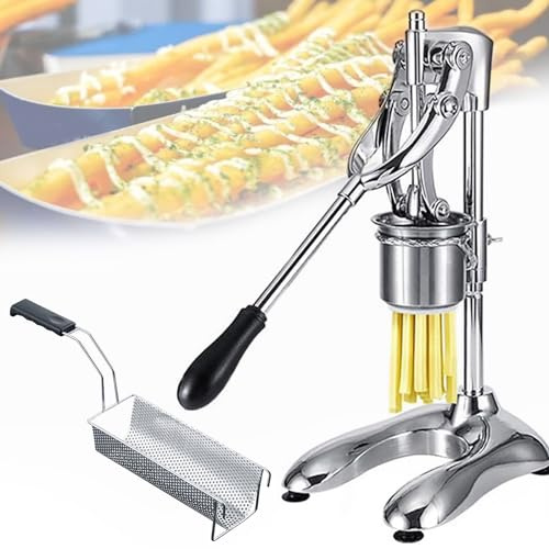 Manual French Fries Maker, Potato Strips Cutter with Fried Basket, Stainless Steel Fries Extruder for Home Kitchen Use