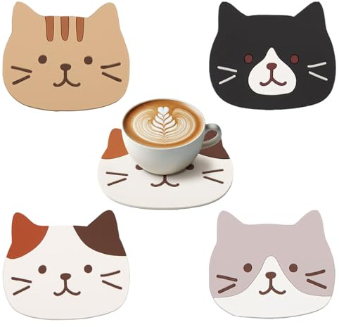 4 Pièces Dessous De Verre, sous Verre, Dessous De Verre en Silicone pour Chat, 15 * 13cm, Silicone, Isolation Thermique, Antidérapant, Chat, Adapté Aux Verres à Vin, Thé, Café, Familles, Cafés