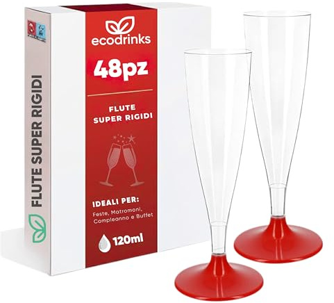 ecodrinks Set 48 Flute Plastica Dura da 120ml, Riutilizzabili, Rossi - Calici Infrangibili con Bordo Arrotondato Comfort-Feel - Eleganti Bicchieri per Prosecco, Champagne e Cocktail