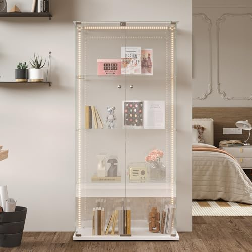 BestAlice Glasvitrine Standvitrine, Schrank für Sammlung mit LED-Lichtleiste und Schloss,Vitrinenschrank mit 2 Türen 4 Regalen, Schaukasten,Transparent Möbel vorratsschrank für Wohnzimmer Bar,Weiß