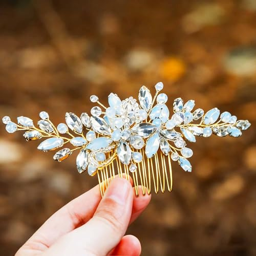 Handcess Braut Hochzeit Haarkämme Kristall Kopfstück Strass Braut Haar Zubehör für Frauen (Gold)