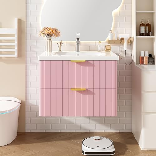 Lavabo con lavabo rosa de 47,5 cm, juego de muebles de baño colgante para invitados, inodoro y baño pequeño, armario de baño, montaje en pared, cerámica, asas doradas, fácil de limpiar, diseño moderno