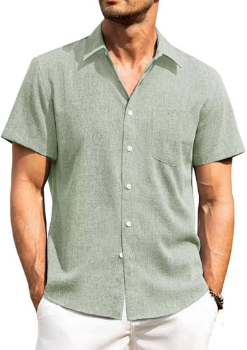 PrimeCrest Camisas Hombre Manga Corta Camisa Lino Verano Casual Ajuste Regular Ligera Transpirable con Botones Color Liso para Playa con Bolsillo Verde L