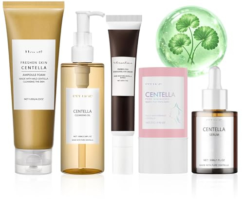 5 Piezas Centella Skincare Kit, Centella Cleansing Oil + Centella Limpiador Facial + Asiatica Serum + Centella Stick Mask + Crema Ojos, Limpia, Nutre e Hidrata la Piel,Combate Eficazmente las Arrugas