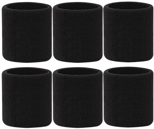 6 Stück Schwarze Elastische Handgelenkbandagen für Sport | Polyester Baumwoll Mix, Fußball und Laufen, Schweißabsorbierend, Schlichte Optik