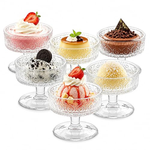 Dessertskålar av glas, uppsättning med 6 glasskoppar med fot för dessert 350 ml | Eleganta glasskålar för desserter, glass, cocktails och förrätter.