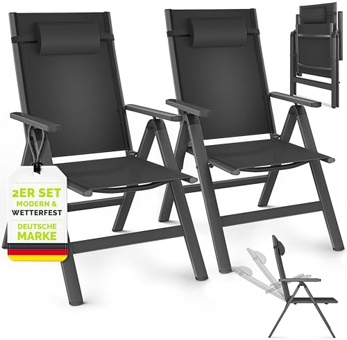 tillvex® Gartenstuhl Hochlehner 2er Set mit Armlehnen & Kopfkissen | Klappstuhl 7-fach Verstellbar | Campingstuhl Klappbar, Wetterfest & Atmungsaktiv | Gartenstühle Balkon Terrasse Aluminium
