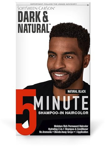 SoftSheen-Carson Dark & Natural Hair Color for Men 5 Minutes, Gray Coverage for Up To 6 Weeks, Shampoo-in Permanent Hair Dye, Jet Black, Ammonia Free, Natural Black