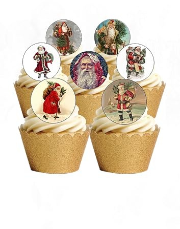 24 Precut Vintage Victorian Father Christmas Santa Themed Edible Cupcake Toppers Decorations