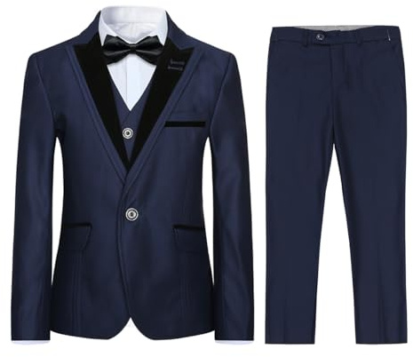 Sliktaa Garçon Costume 3 Pièces Col Velours Slim Fit Mariage Bal Communion | Finitions revers contrasté soignées, coupe confortable. Tissu léger aéré, tenue chic adaptée aux cérémonies familiales