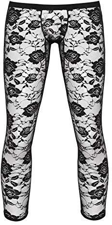 CHICTRY Herren Transparent Strumpfhosen Blumen Spitze Leggings elastische Pants Lange Unterhose Low Rise Pantyhose Schwarz L