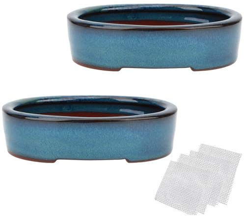 happy bonsai 5.9 Small Glazed Pots Value Set 2 + 4 Soft Mesh Drainage Screens