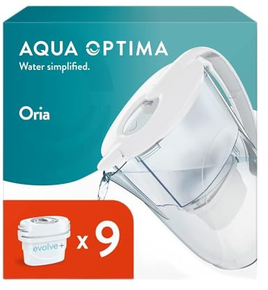 Aqua Optima Oria Water Filter Jug & 9 Evolve+ Filter Cartridges, 2.8L, White - Fridge & Dishwasher Friendly - Reduces Limescale, Chlorine and Other Impurities - By Laica (Packaging May Vary)