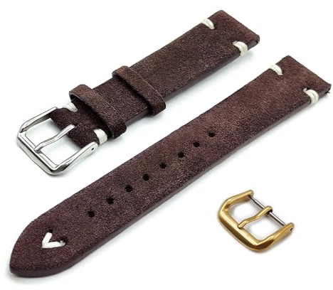 Generico Cinturino in Vera Pelle Scamosciata con Impunture Cucitura Lacci Vintage ONE MORE STRAP 18mm 20mm 22mm colore Nero Blu Verde Marrone Laccio Straps (20mm, Marrone Scuro)