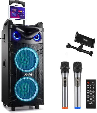Moukey Casse Karaoke, Sistema PA a doppio woofer con 2 Microfoni wireless, Luci da discoteca, Regolazione di eco/alti/bassi, Altoparlante portatile Bluetooth Supporto TWS/REC/AUX/MP3/USB/TF/FM